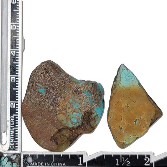 A pair of natural turquoise rough stones, 22 grams in total, featuring golden-brown and vivid blue patterns. Ideal for jewelry and lapidary projects, now on www.naturalturquoise.com