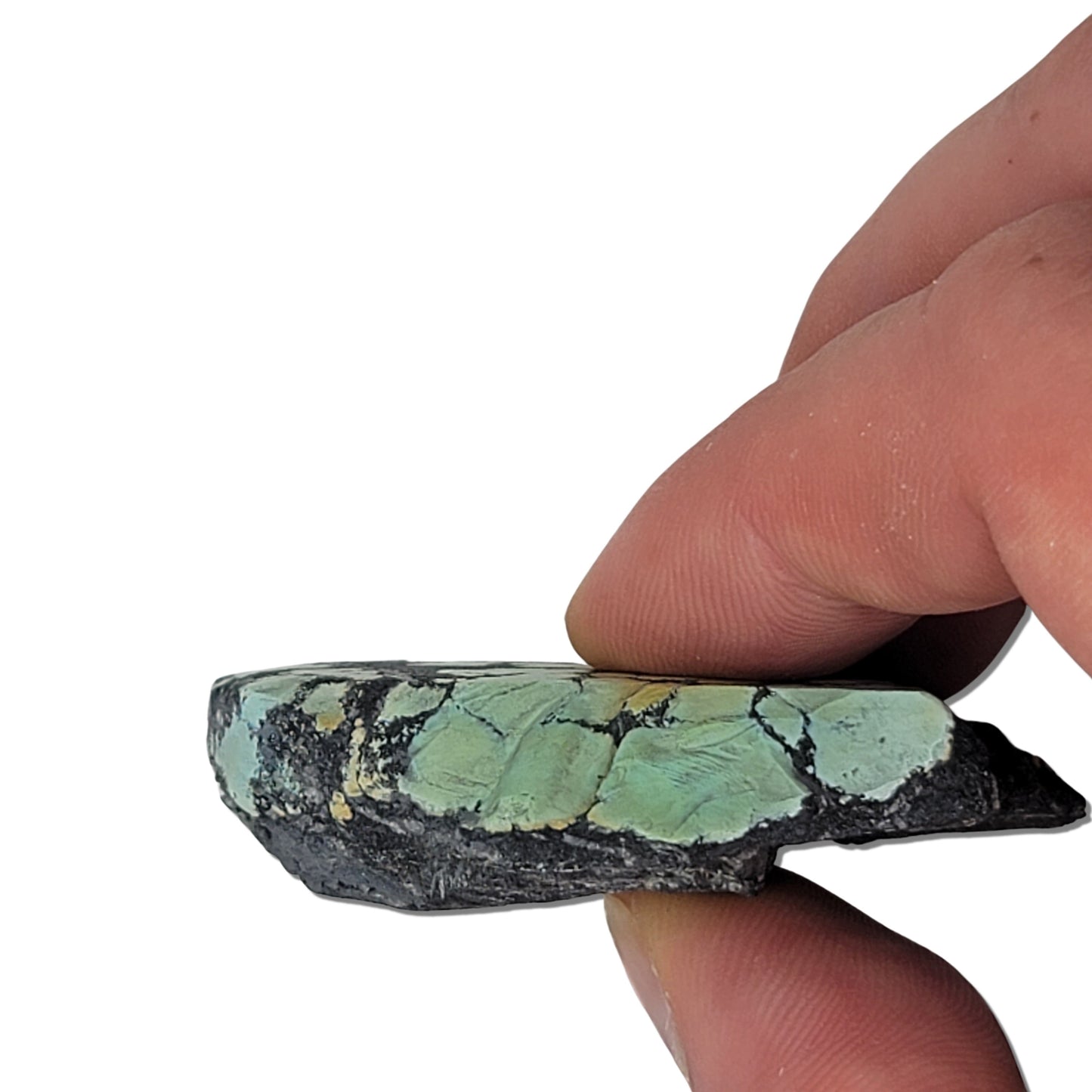 Single rough turquoise stone with greenish tones and dark matrix patterns, approx. 5.5 cm x 5 cm, www.naturalturquoise.com.