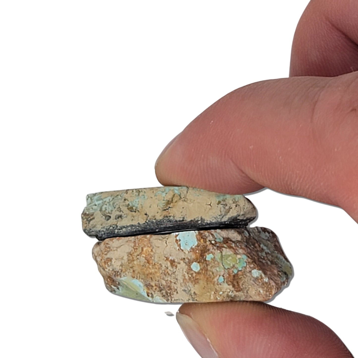 Two rough turquoise stones with light blue spots and earthy brown matrix, approx. 3 cm x 2.5 cm and 2.5 cm x 2 cm, www.naturalturquoise.com