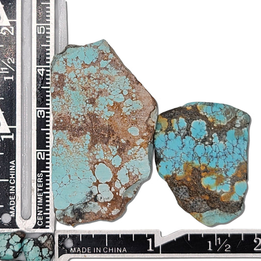 Pair of rough turquoise stones with vibrant blue, earthy brown, and black matrix patterns, displayed with a measuring scale – unique natural turquoise stones for jewelry making at NaturalTurquoise.com.