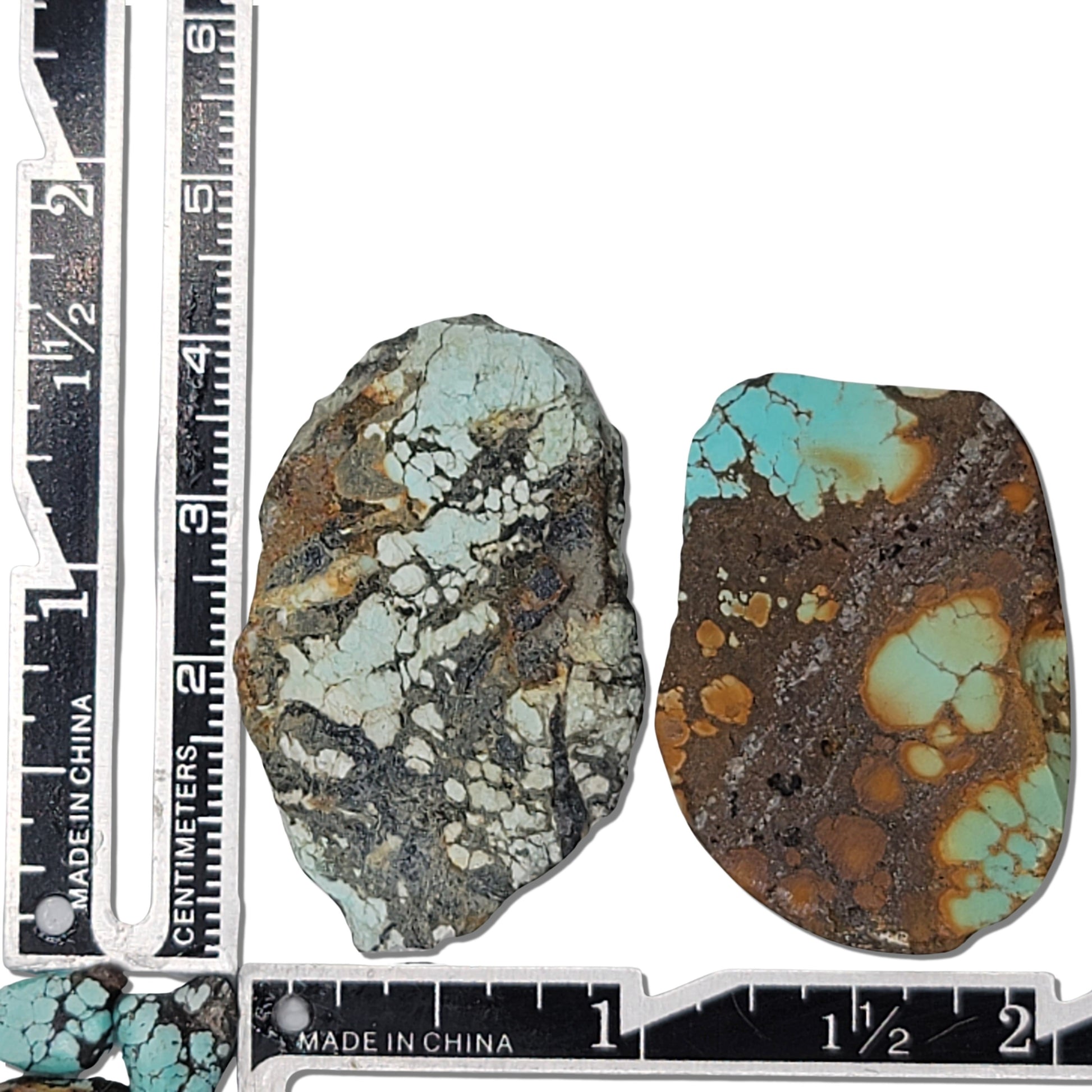 Two rough turquoise stones with intricate blue and earthy matrix patterns, approx. 4.5 cm x 2.5 cm and 4 cm x 3 cm, www.naturalturquoise.com.