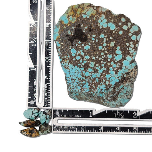 Large natural turquoise rough stone with a bright blue and dark brown matrix pattern, shown with measuring scale and additional smaller turquoise pieces for size reference – premium turquoise for jewelry making at NaturalTurquoise.com.