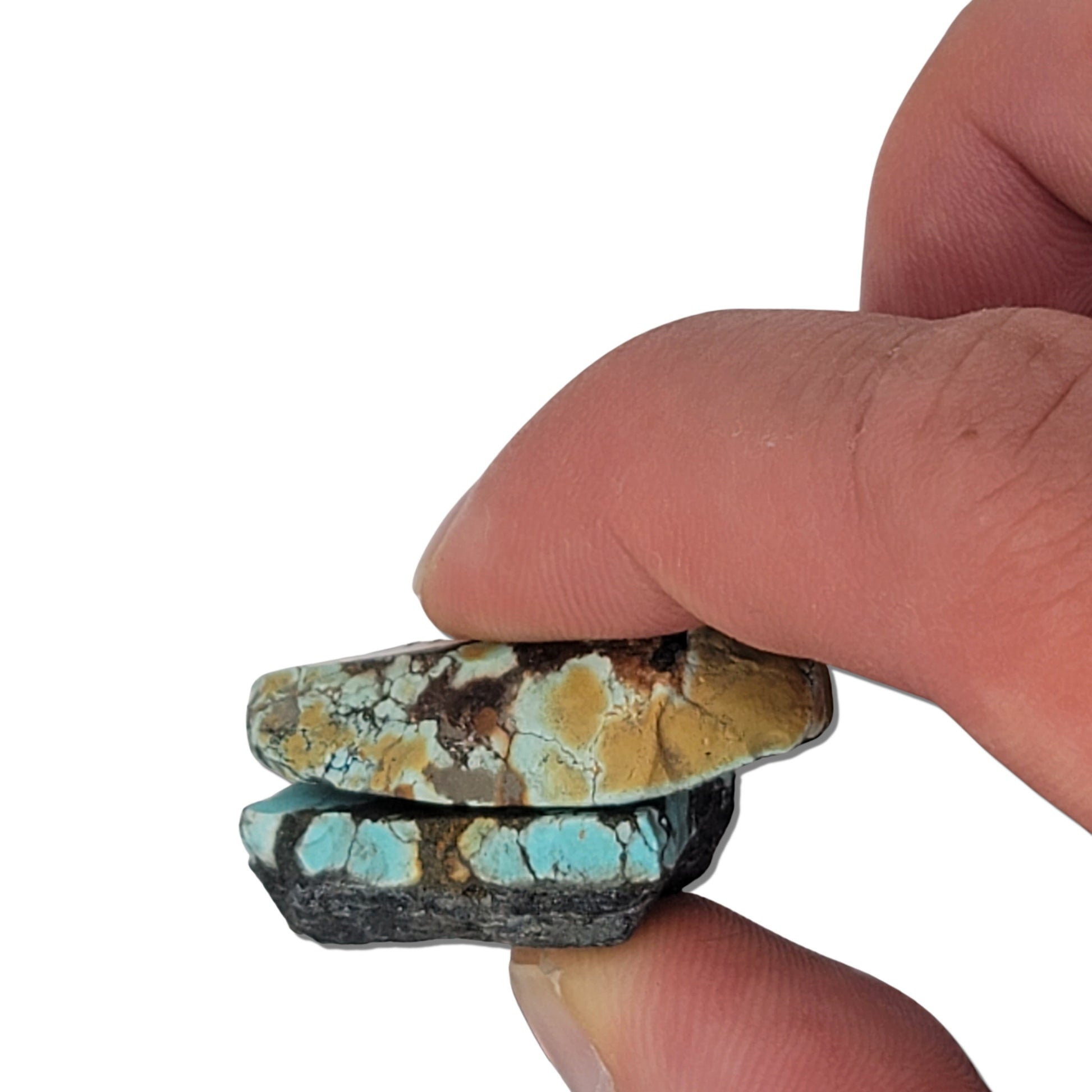 Two rough turquoise stones with blue webbing and black-brown matrix, approx. 1-2 inches, www.naturalturquoise.com