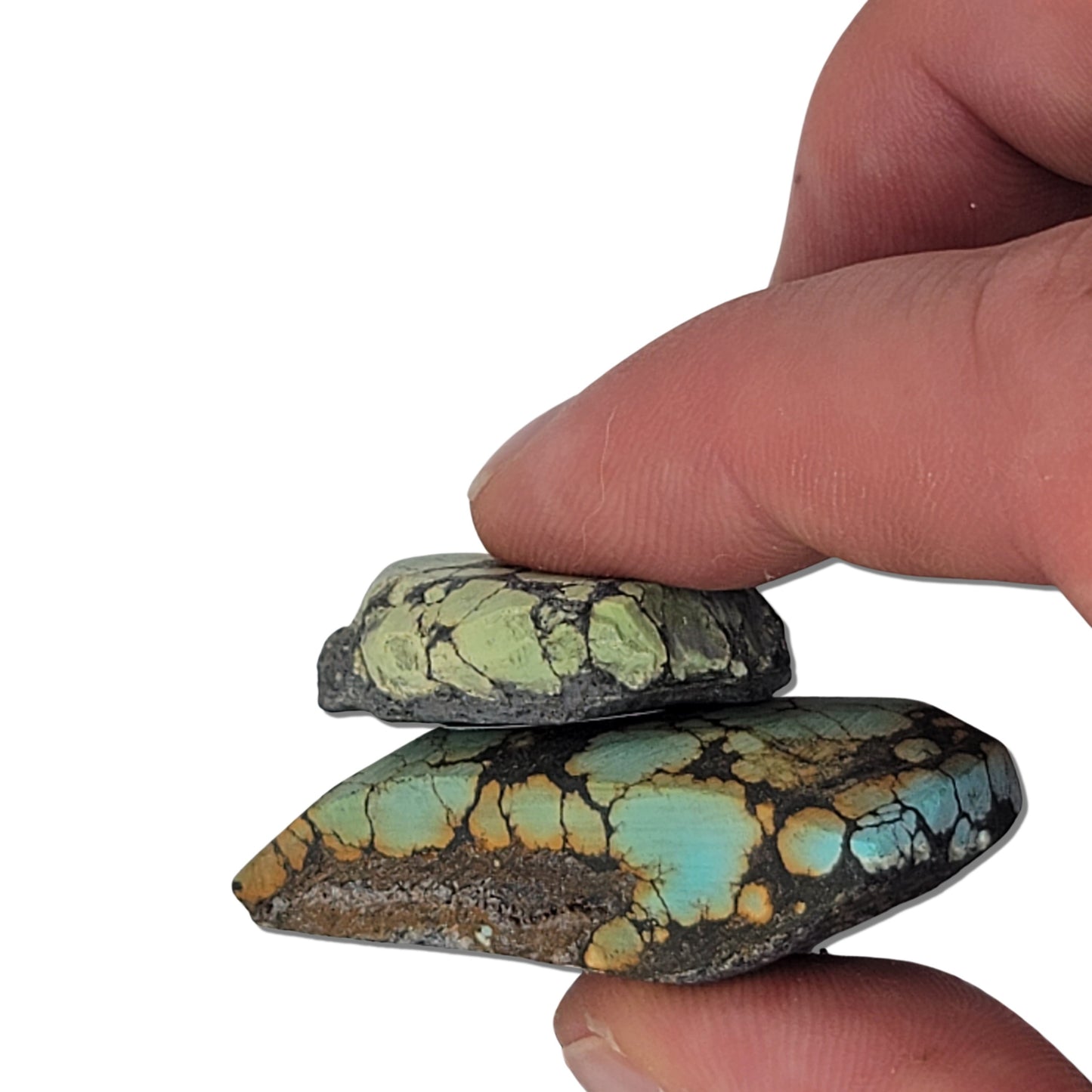 A pair of natural turquoise stones weighing 28 grams, featuring vibrant blue-green hues with intricate golden and dark matrix patterns. The stones measure approximately 4.5 cm x 3.5 cm and 3 cm x 2.5 cm, displayed alongside a ruler for scale. Available for purchase at www.naturalturquoise.com, ideal for lapidary and jewelry projects.