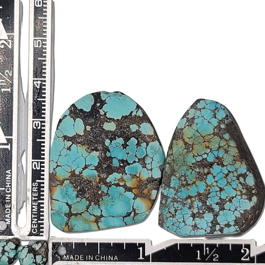 A pair of natural turquoise stones weighing 25 grams, featuring vivid blue hues with intricate dark and golden-brown matrix patterns. The stones measure approximately 4.3 cm x 3.3 cm and 3.5 cm x 2.8 cm, displayed with a ruler for scale. Available for purchase at www.naturalturquoise.com, ideal for jewelry making and lapidary projects.